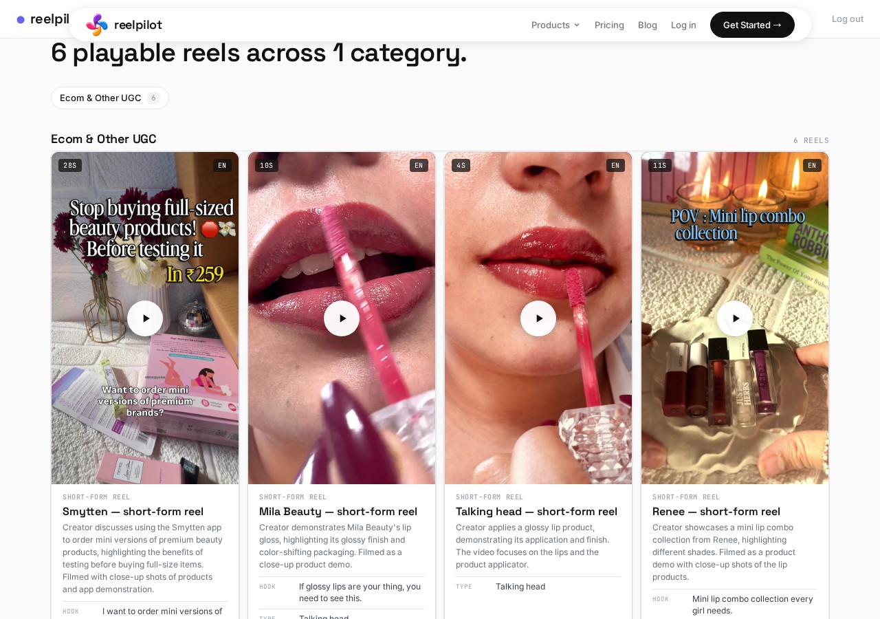 Playable video reels grid